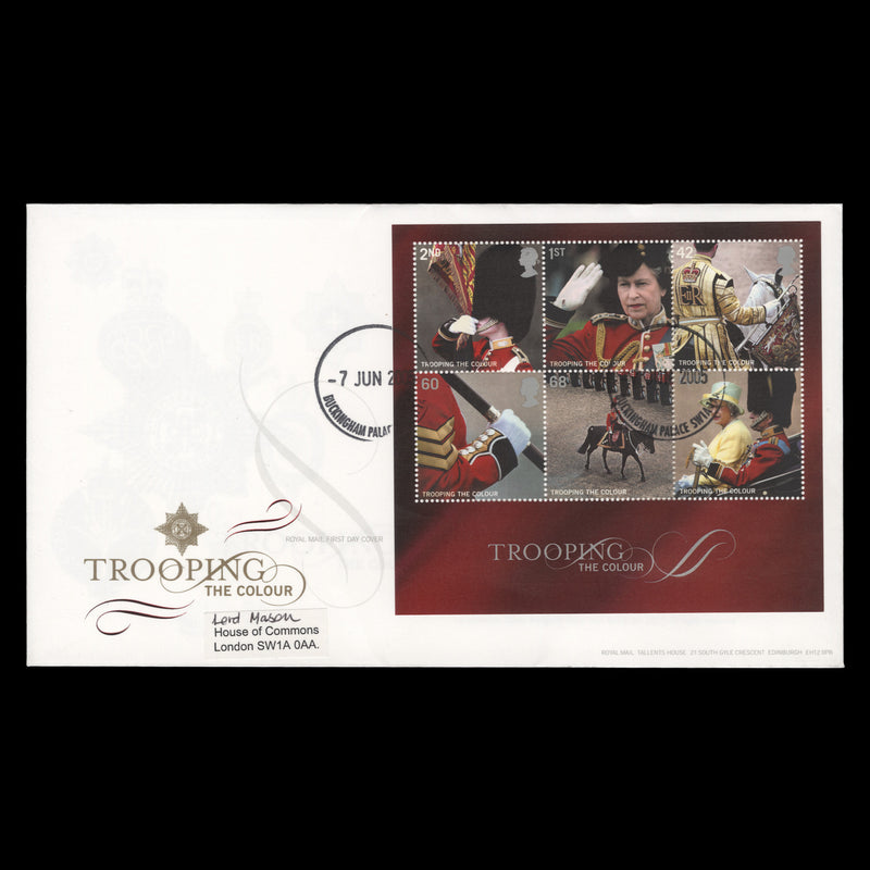 Great Britain 2005 Trooping the Colour miniature sheet FDC, BUCKINGHAM PALACE
