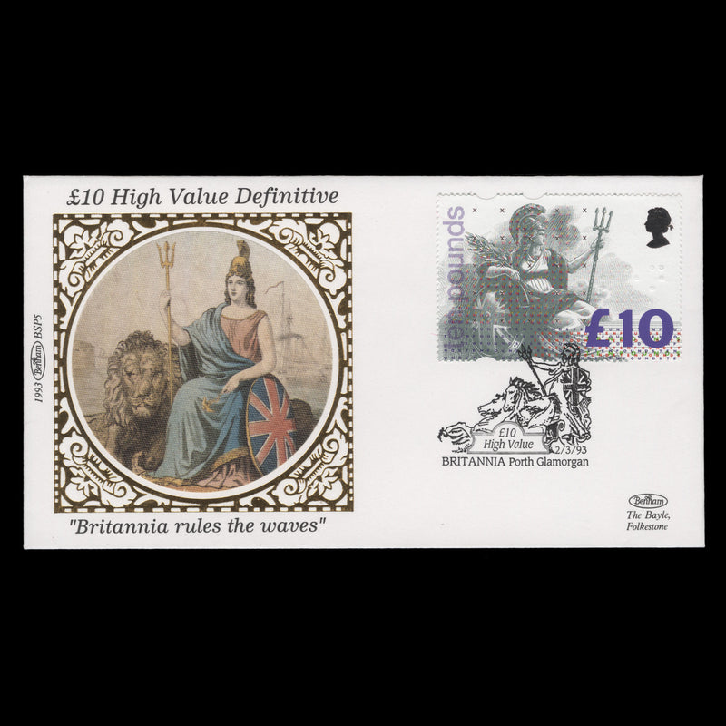 Great Britain 1993 £10 Britannia first day cover, PORTH