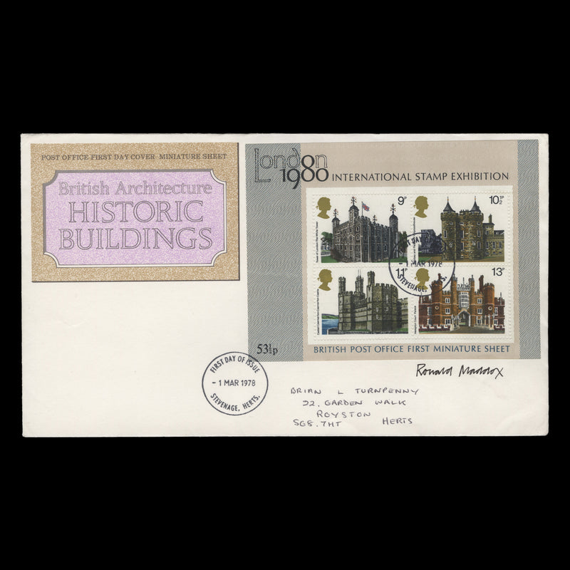 Great Britain 1978 British Architecture m/s FDC signed by Ronald Maddox