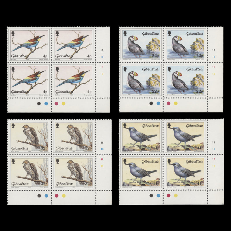 Gibraltar 1988 (MNH) Birds plate 1B–1B–1B–1B blocks