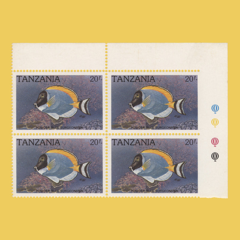 Tanzania 1989 (Variety) 20s Powder-Blue Surgeonfish block imperf to right margin