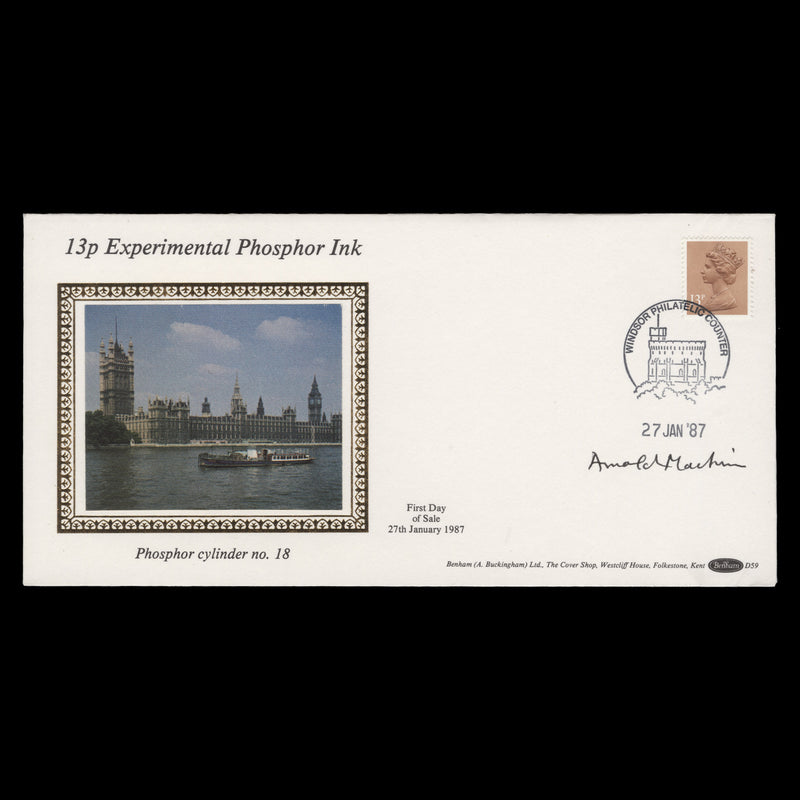 Great Britain 1987 Experimental Phosphor Ink FDC signed by Arnold Machin