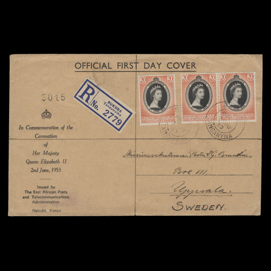 Kenya Uganda Tanganyika 1953 (FDC) 20c Coronation pair and single, BUKOBA