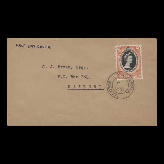 Kenya Uganda Tanganyika 1953 (FDC) 20c Coronation, NAIVASHA