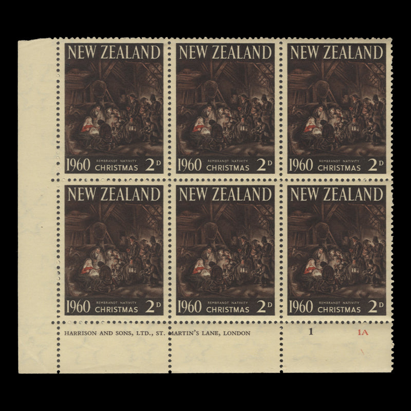 New Zealand 1960 (MNH) 2d Christmas imprint/plate 1–1A block
