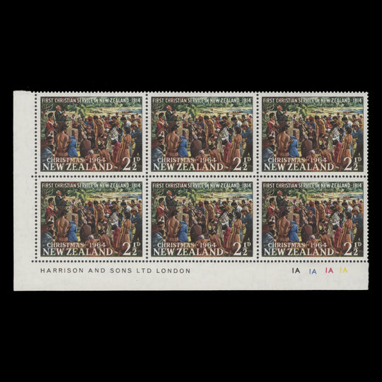 New Zealand 1964 (MNH) 2½d Christmas imprint/plate 1A–1A–1A–1A block