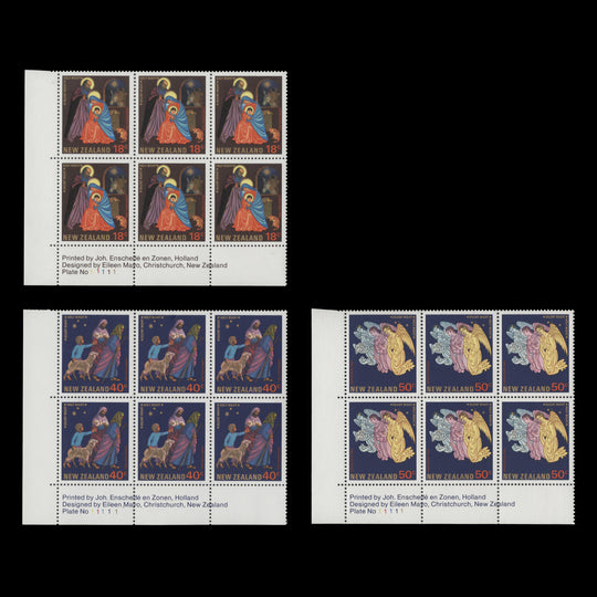 New Zealand 1985 (MNH) Christmas imprint/plate 1–1–1–1–1 blocks