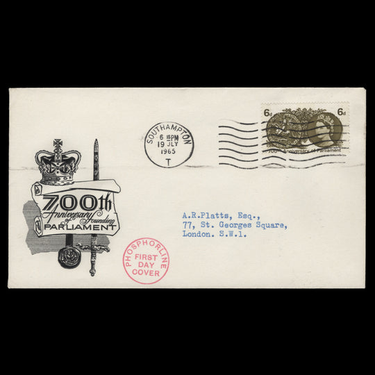 Great Britain 1965 (FDC) 6d Parliament phosphor, SOUTHAMPTON