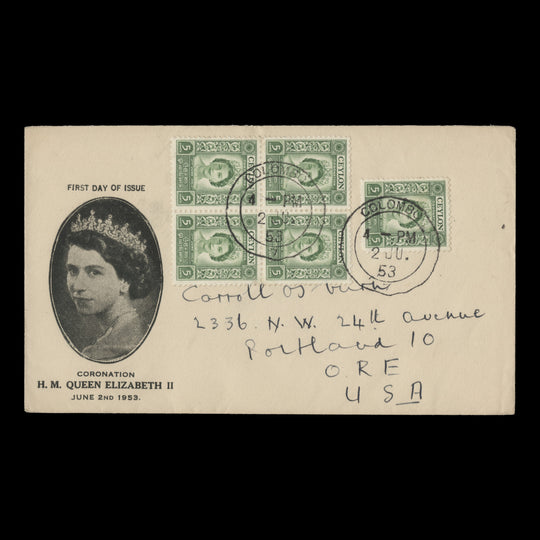 Ceylon 1953 (FDC) 5c Coronation block and single, COLOMBO 7