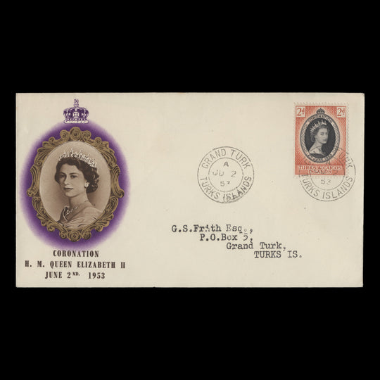 Turks & Caicos Islands 1953 (FDC) 2d Coronation, GRAND TURK