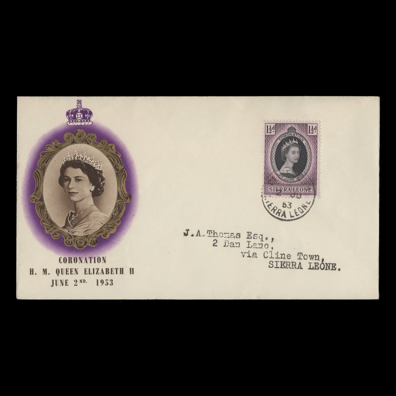 Sierra Leone 1953 (FDC) 1½d Coronation, CLINE TOWN