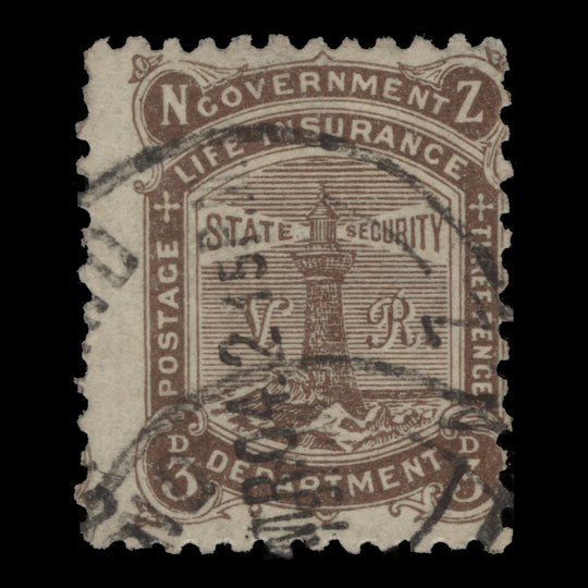 New Zealand 1891 (Used) 3d Deep Brown, life insurance, perf 12 x 11½