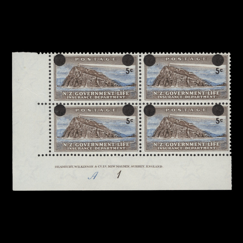 New Zealand 1957 (MLH) 5c/6d Life Insurance Provisional imprint/plate block