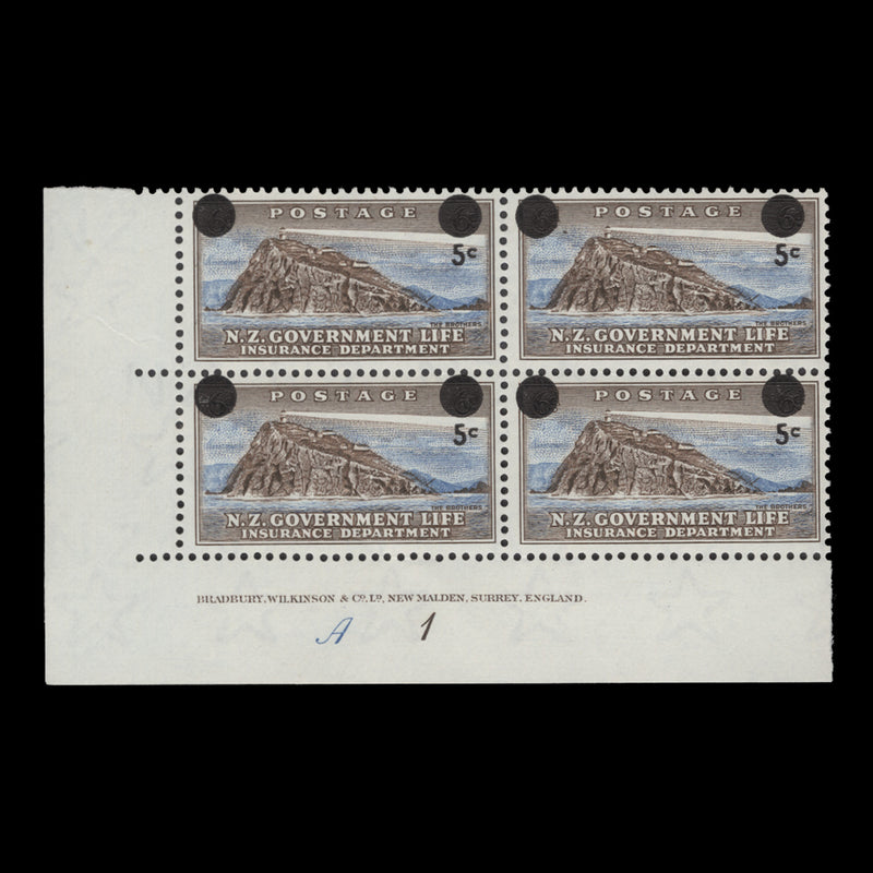 New Zealand 1957 (MLH) 5c/6d Life Insurance Provisional imprint/plate block