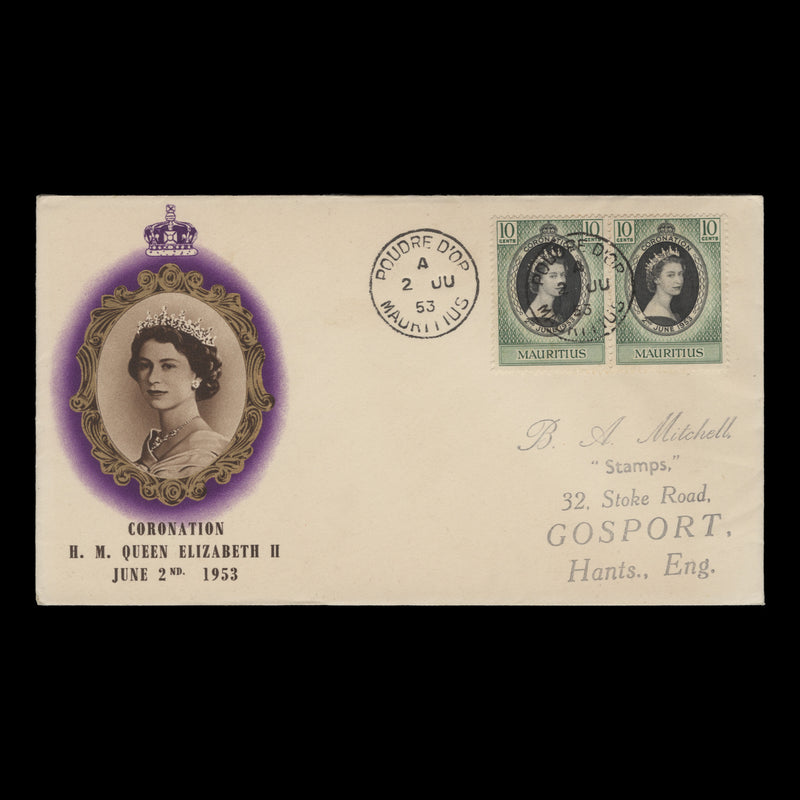 Mauritius 1953 (FDC) 10c Coronation pair, POUDRE D'OR