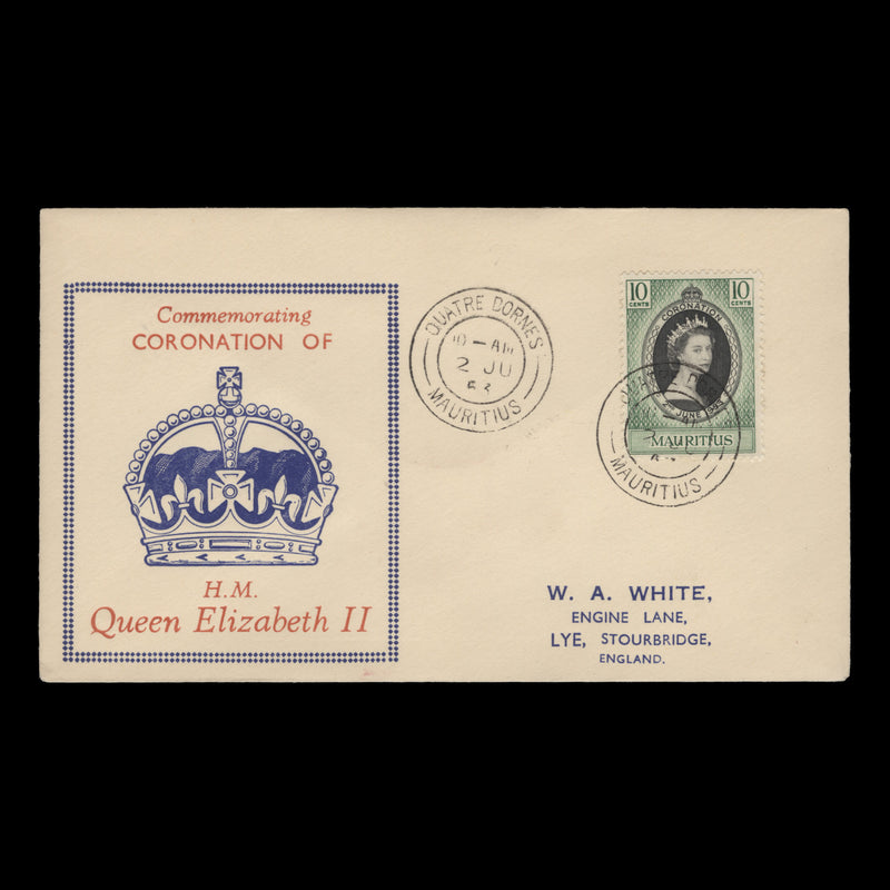 Mauritius 1953 (FDC) 10c Coronation, QUATRE BORNES