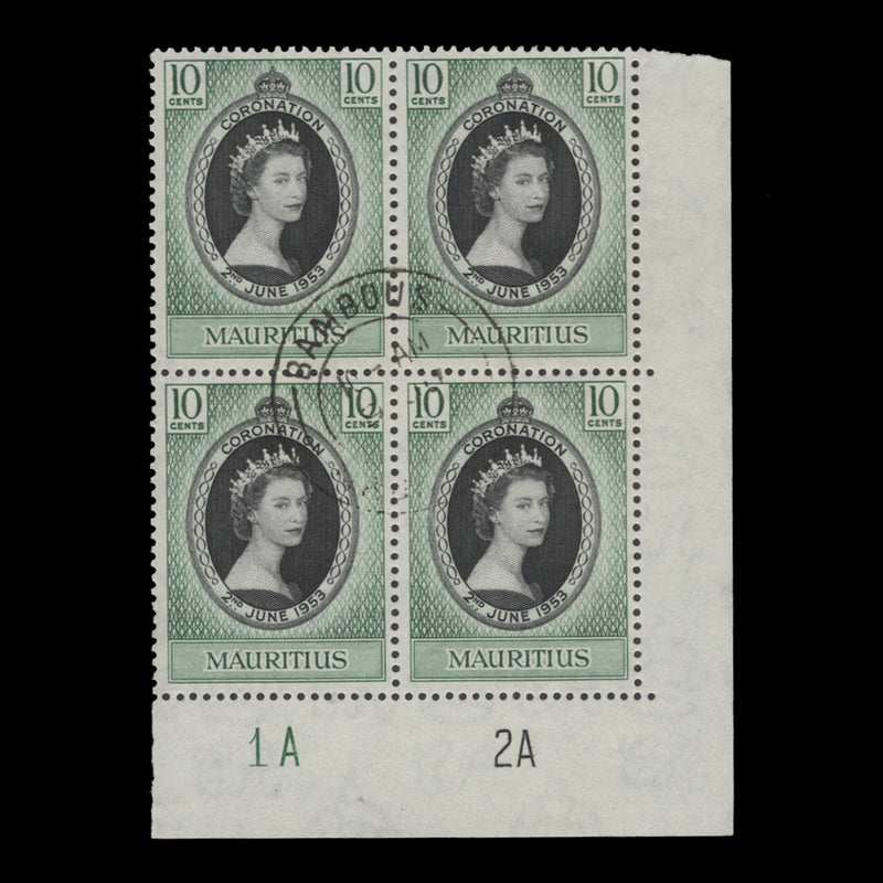 Mauritius 1953 (Used) 10c Coronation plate 1A–2A block