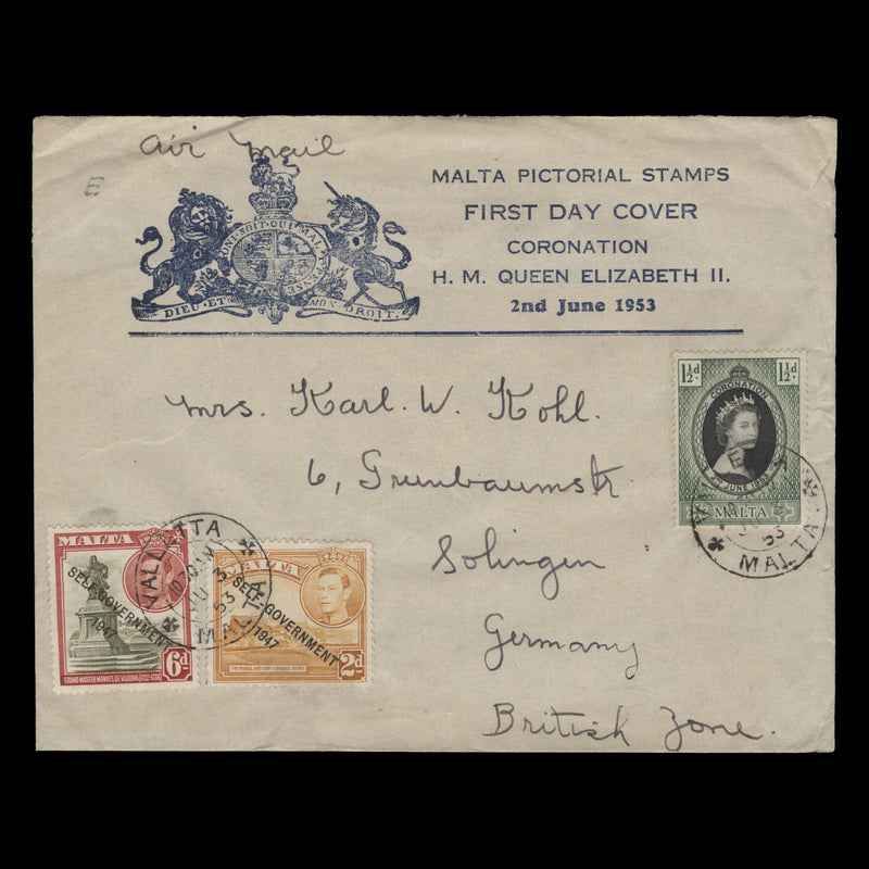 Malta 1953 (FDC) 1½d Coronation, VALLETTA