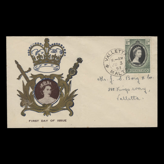 Malta 1953 (FDC) 1½d Coronation, VALLETTA