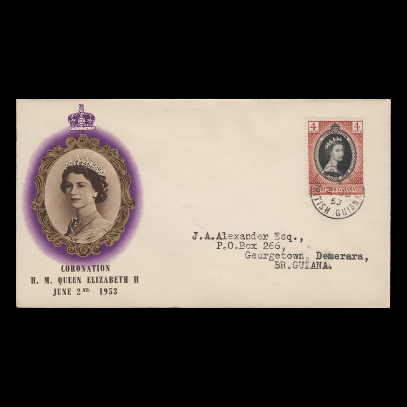British Guiana 1953 (FDC) 4c Coronation, BOURDA