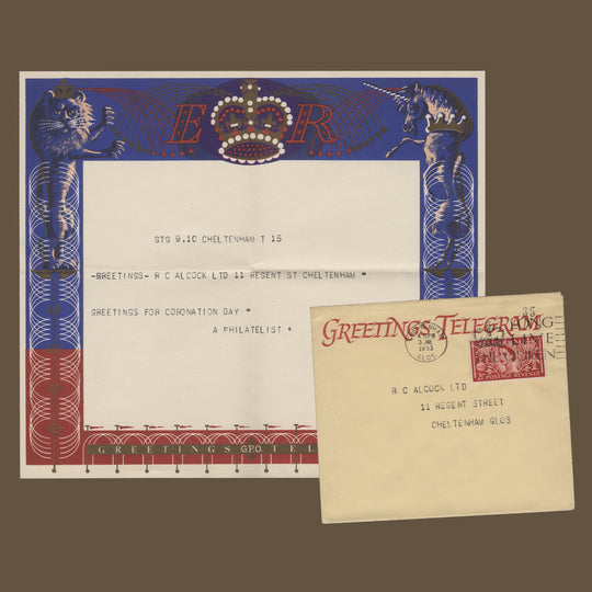Great Britain 1953 Coronation first day Greetings Telegram, CHELTENHAM
