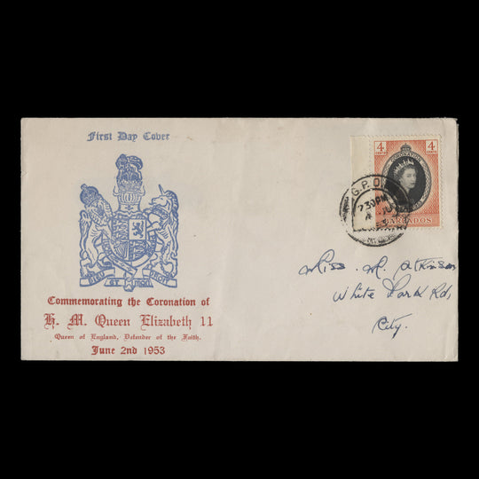 Barbados 1953 (FDC) 4c Coronation, GPO