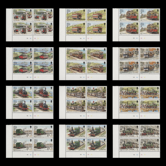 Isle of Man 1988 (MNH) Railways & Tramways plate 1D blocks, '1988' imprint