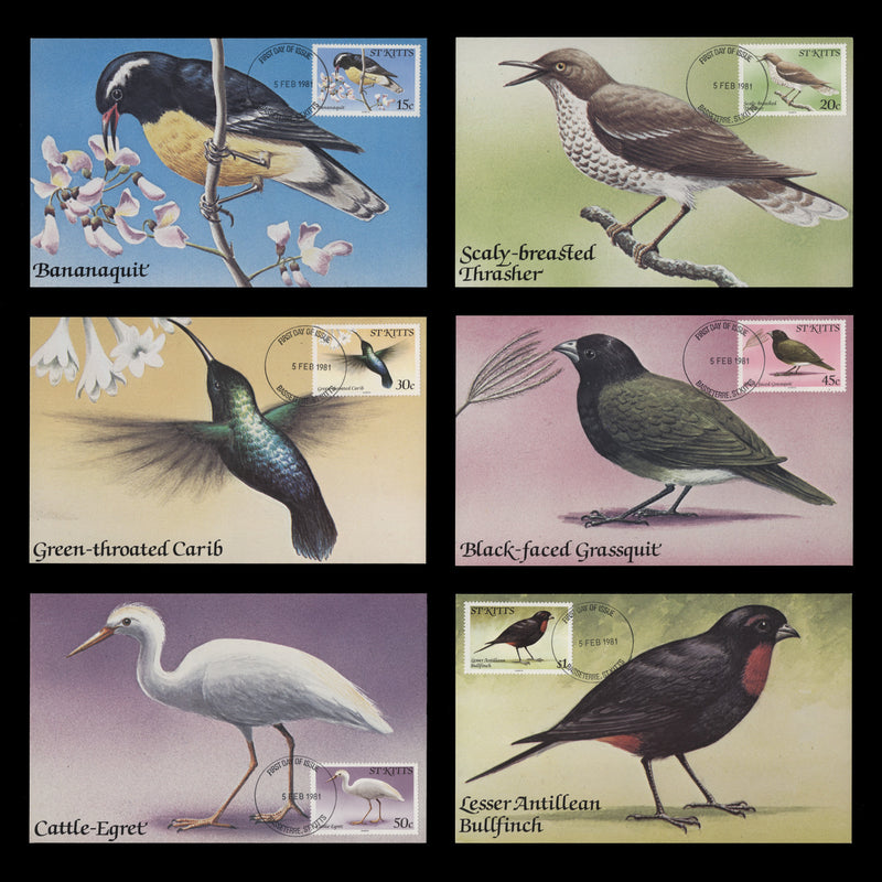 Saint Kitts 1981 Birds first day maximum cards
