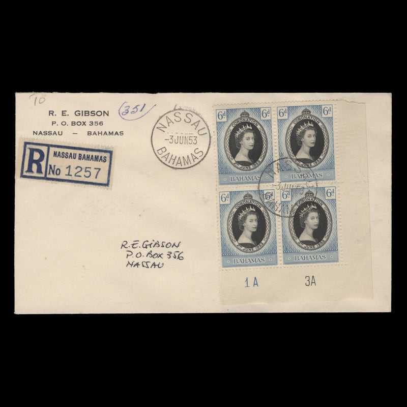 Bahamas 1953 (FDC) 6d Coronation plate 1A–3A block, NASSAU