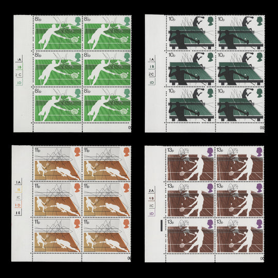 Great Britain 1977 (MNH) Racket Sports cylinder no-dot blocks