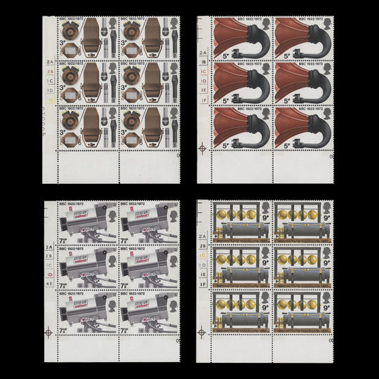 Great Britain 1972 (MNH) Broadcasting Anniversaries cylinder no-dot blocks