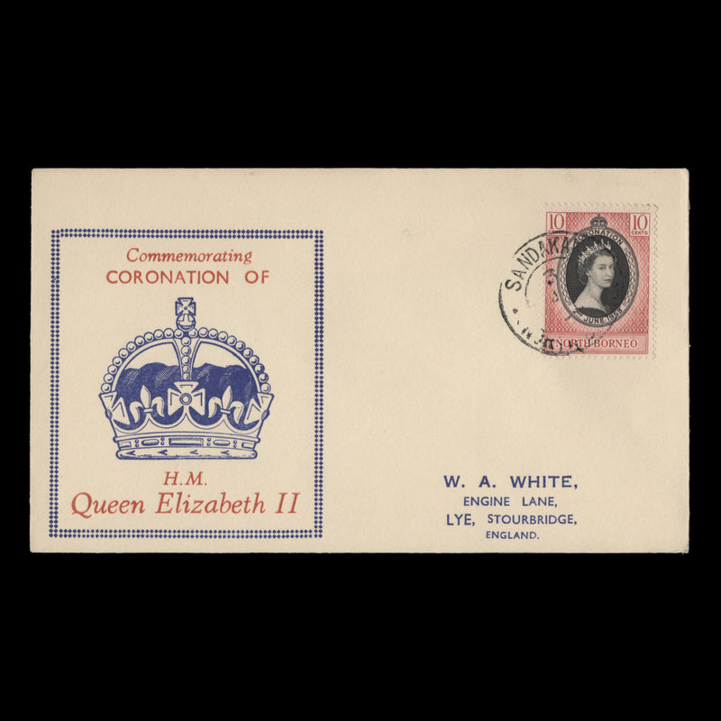 North Borneo 1953 (FDC) 10c Coronation, SANDAKAN