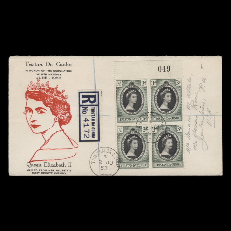 Tristan da Cunha 1953 (FDC) 3d Coronation block