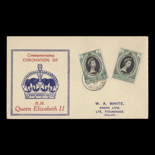 British Virgin Islands 1953 (FDC) 2c Coronation singles, ROAD TOWN