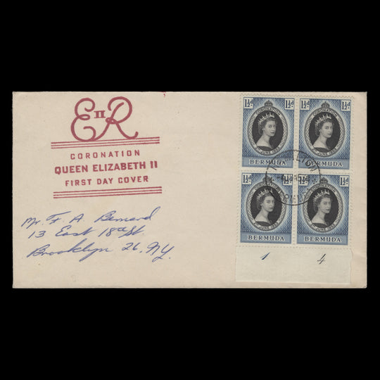 Bermuda 1953 (FDC) 1½d Coronation plate 1–4 block, HAMILTON