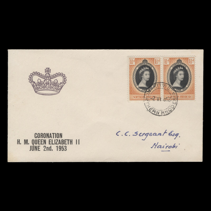 Northern Rhodesia 1953 (FDC) 1½d Coronation pair, KITWE