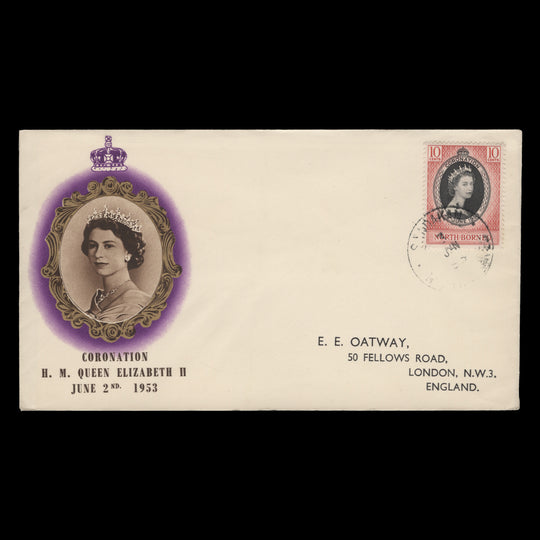 North Borneo 1953 (FDC) 10c Coronation, SANDAKAN