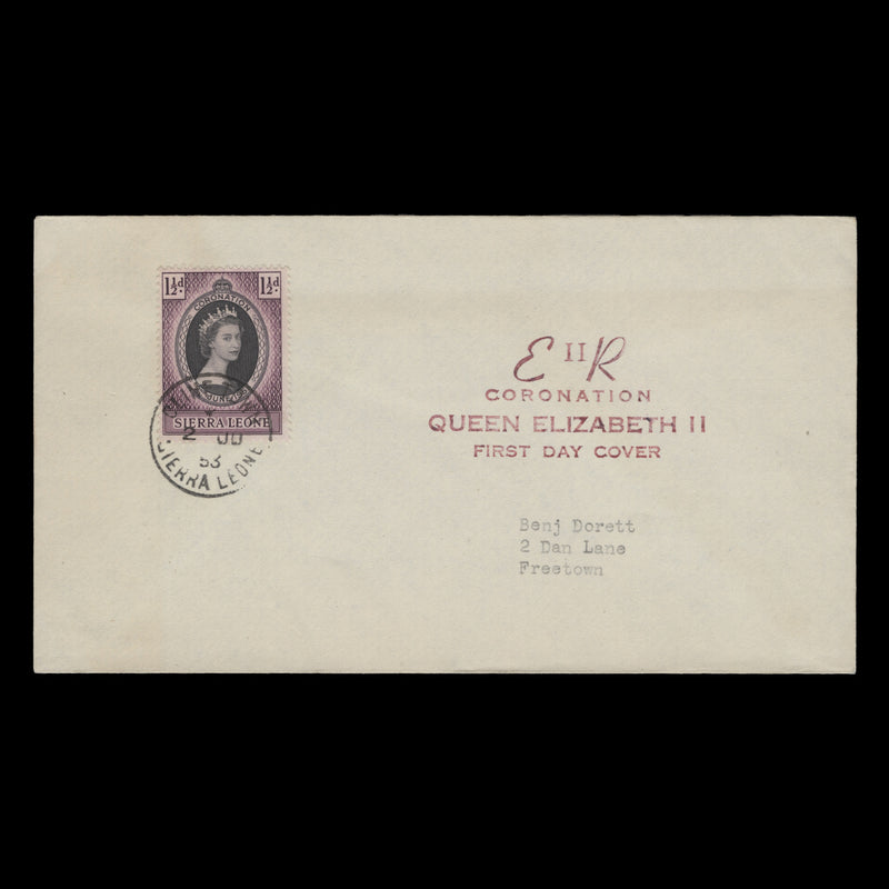 Sierra Leone 1953 (FDC) 1½d Coronation, CLINE TOWN