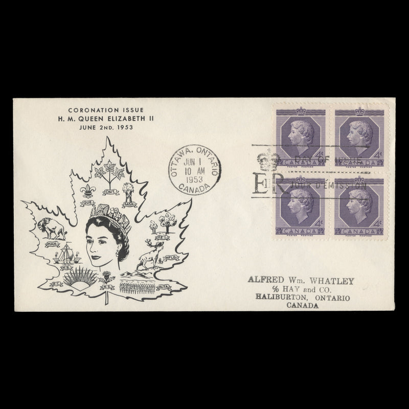 Canada 1953 (FDC) 4c Coronation block, OTTAWA