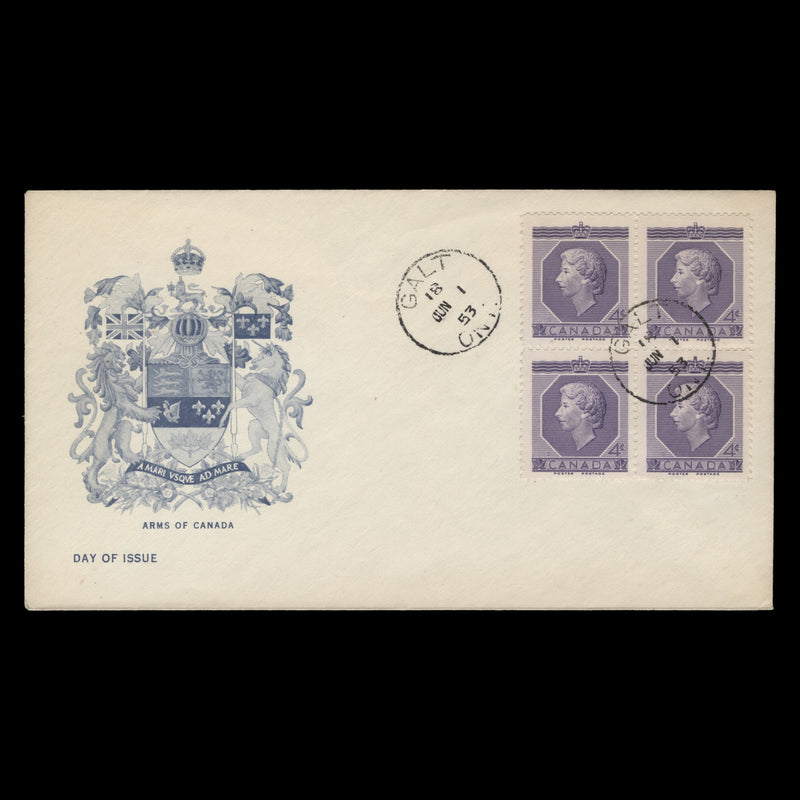 Canada 1953 (FDC) 4c Coronation block, GALT