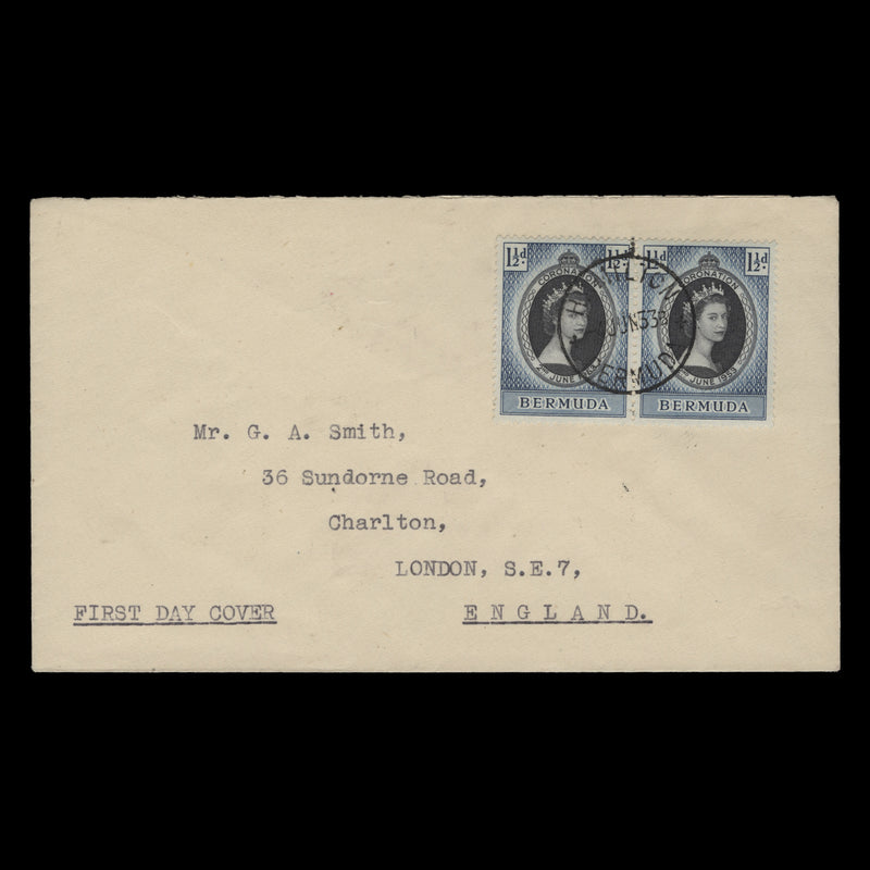 Bermuda 1953 (FDC) 1½d Coronation pair, HAMILTON