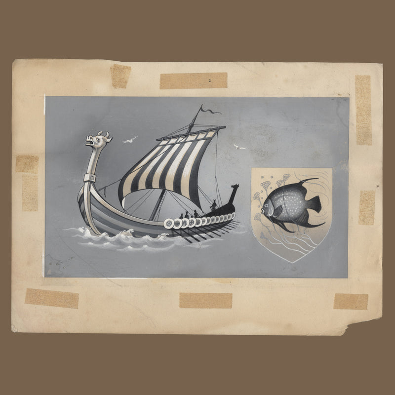 Ghana 1957 Viking Ship original watercolour artwork by Willie Wind