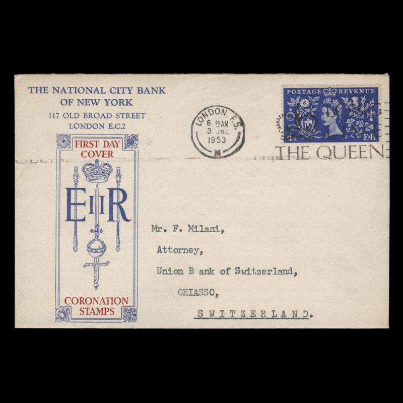 Great Britain 1953 (FDC) 4d Coronation, LONDON FS