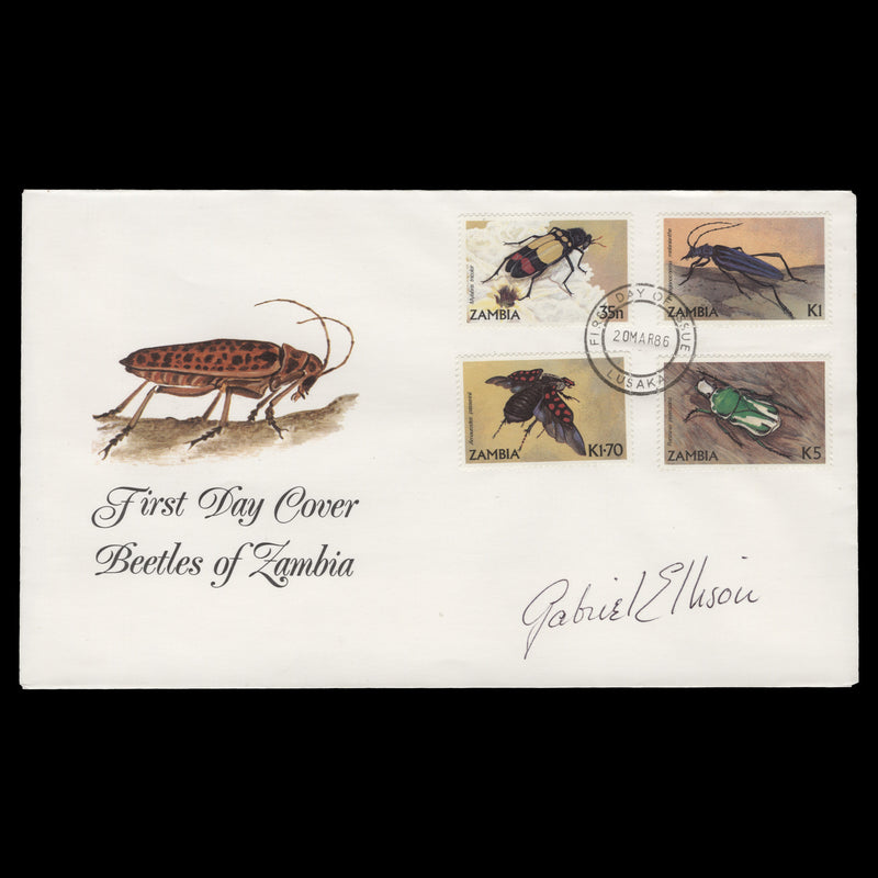Zambia 1986 Beetles first day cover signed by designer Gabriel Ellison