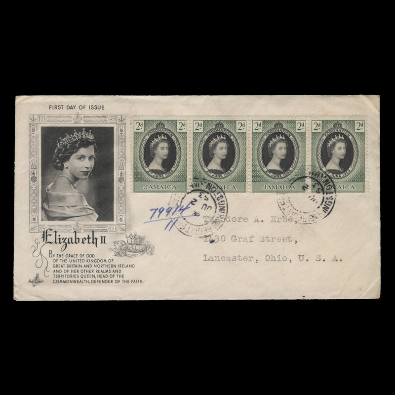 Jamaica 1953 (FDC) 2d Coronation strip, REGISTERED