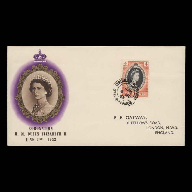 Barbados 1953 (FDC) 4c Coronation, CIRCULATION BRANCH