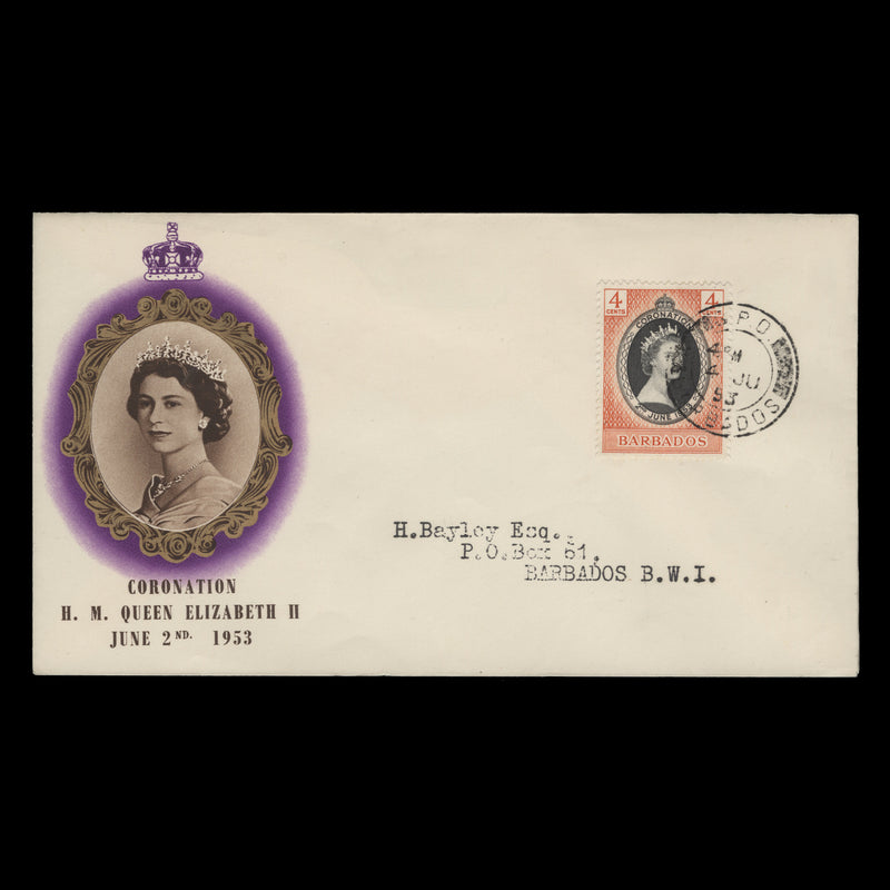 Barbados 1953 (FDC) 4c Coronation, GPO