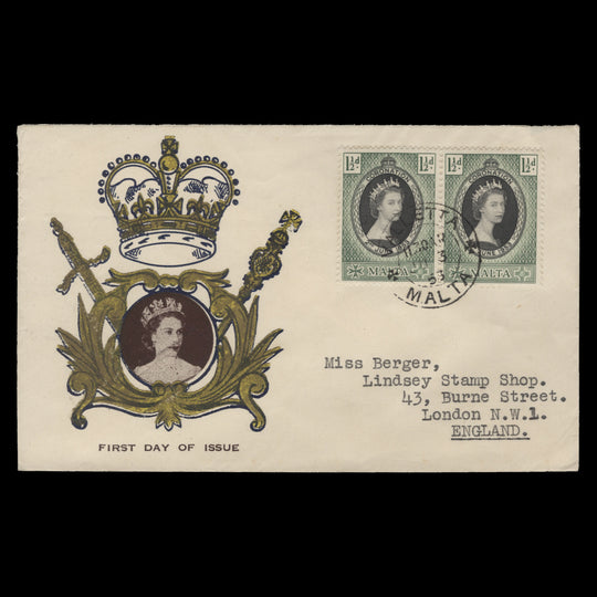 Malta 1953 (FDC) 1½d Coronation pair, VALLETTA