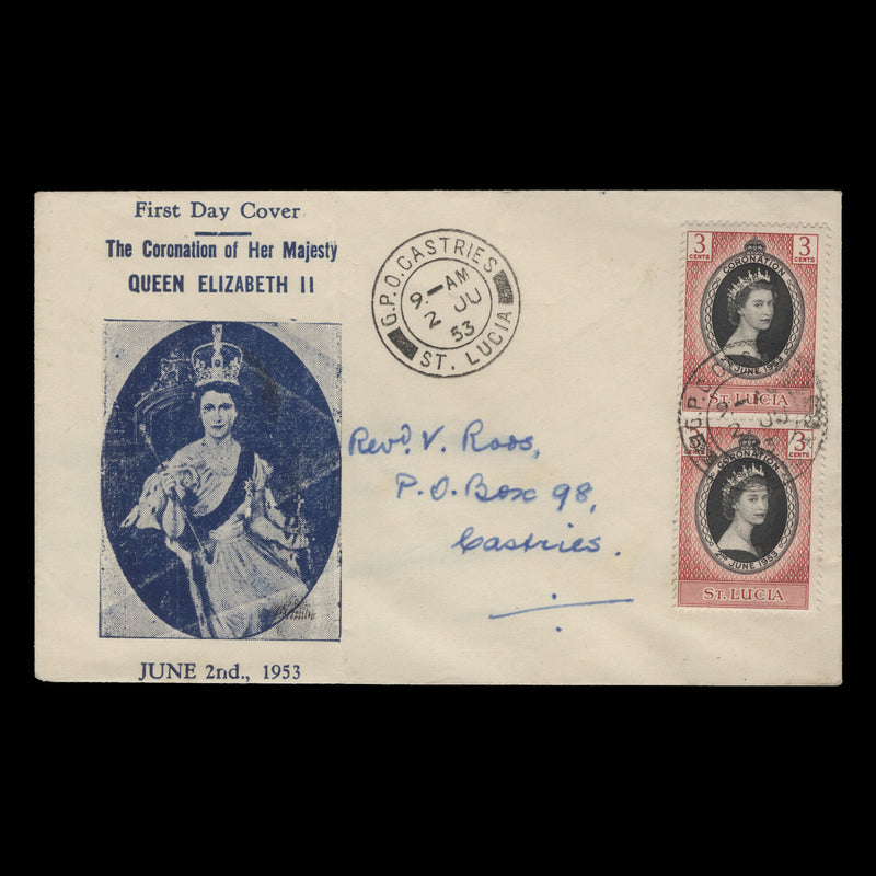 Saint Lucia 1953 (FDC) 3c Coronation pair, CASTRIES