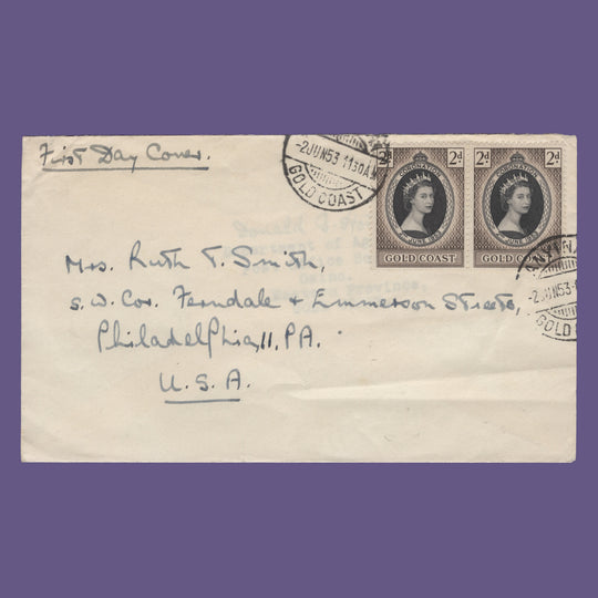 Gold Coast 1953 (FDC) 2d Coronation pair, ANYINAM